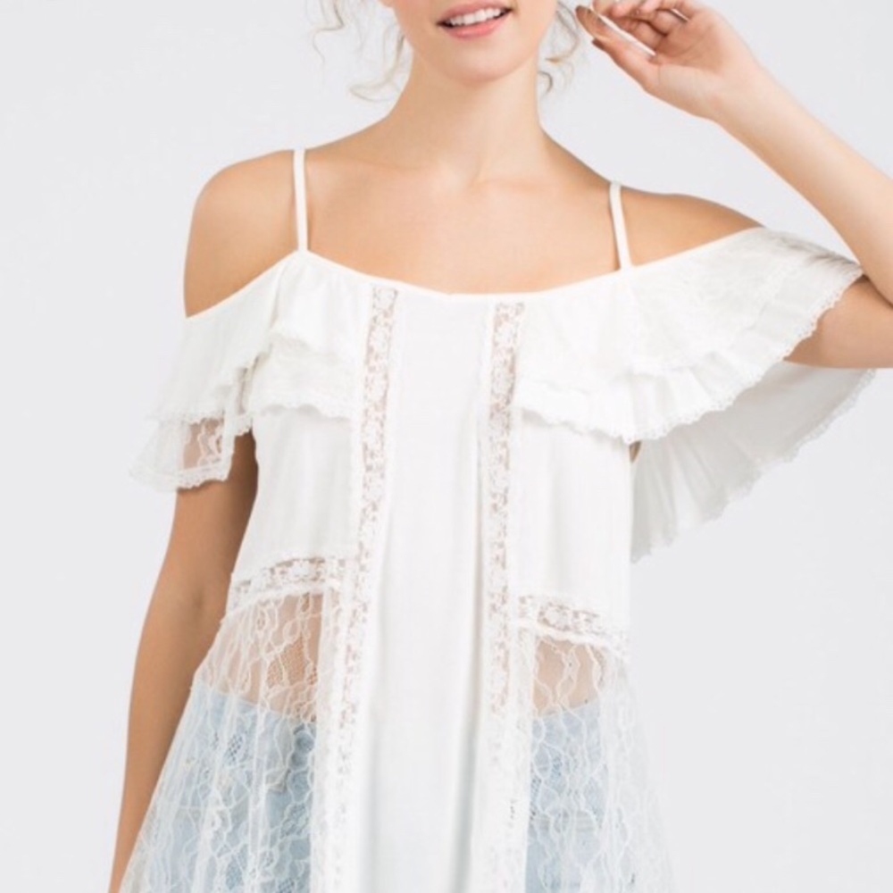 POL Ivory Cold Shoulder Top Lace Contrast Ruffle